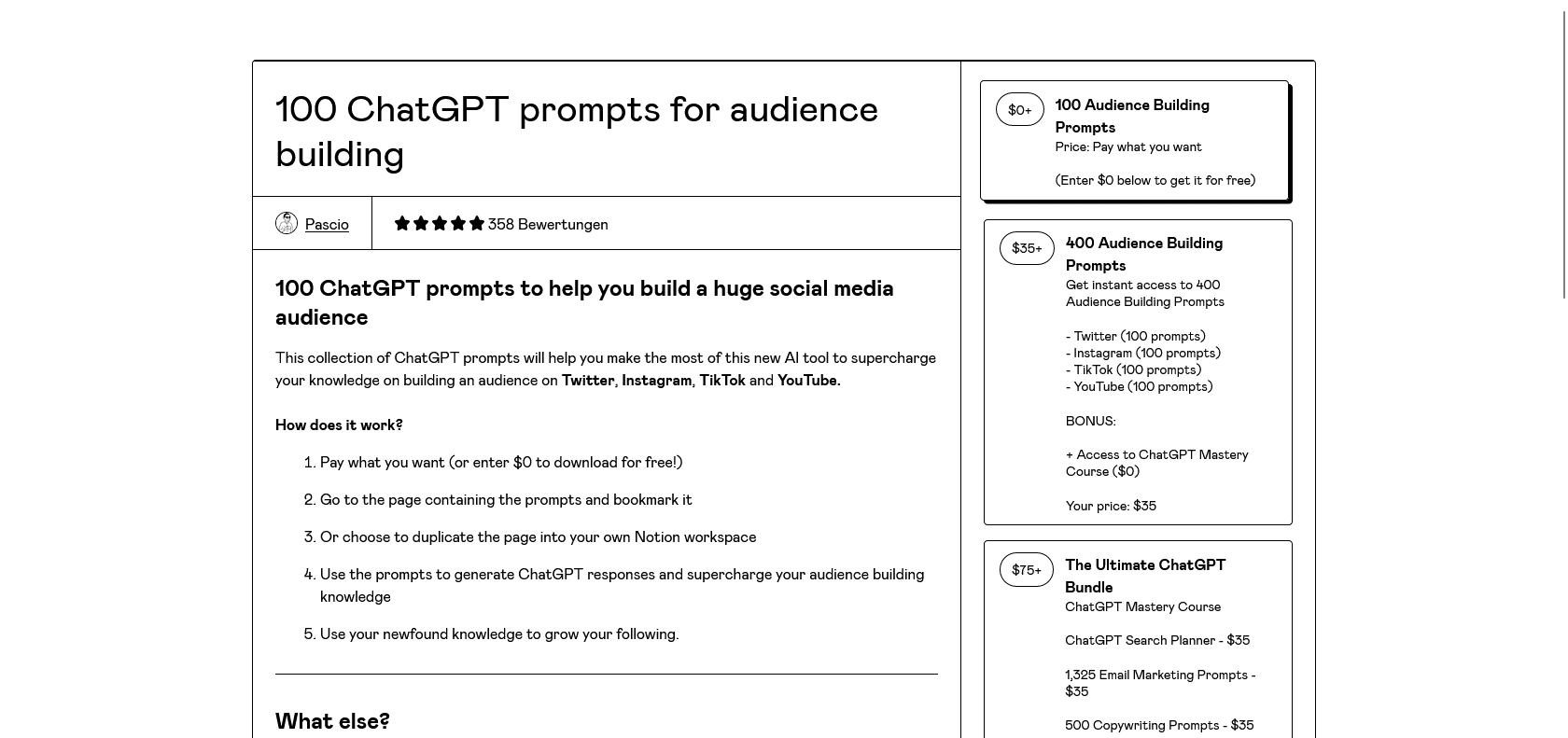 Screenshot of 100 ChatGPT Audience Building Prompts Website
