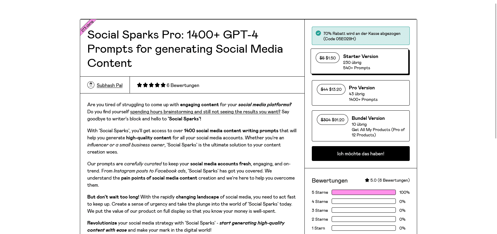 Screenshot of 1400+ GPT-4 Prompts for Social Media Website