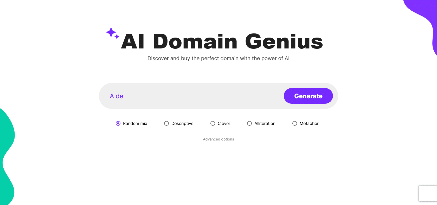 Screenshot of AI Domain Genius Website