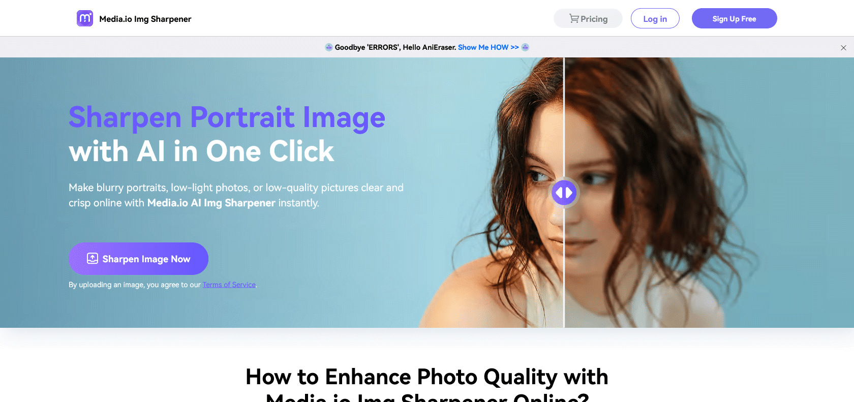 Screenshot of AI Image Sharpener by Media.io Website