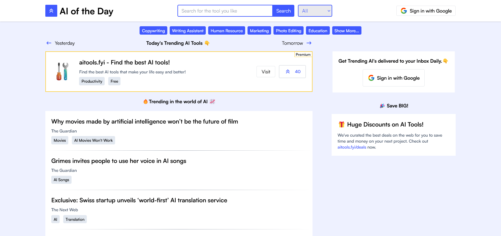 Screenshot of AI of the Day Website