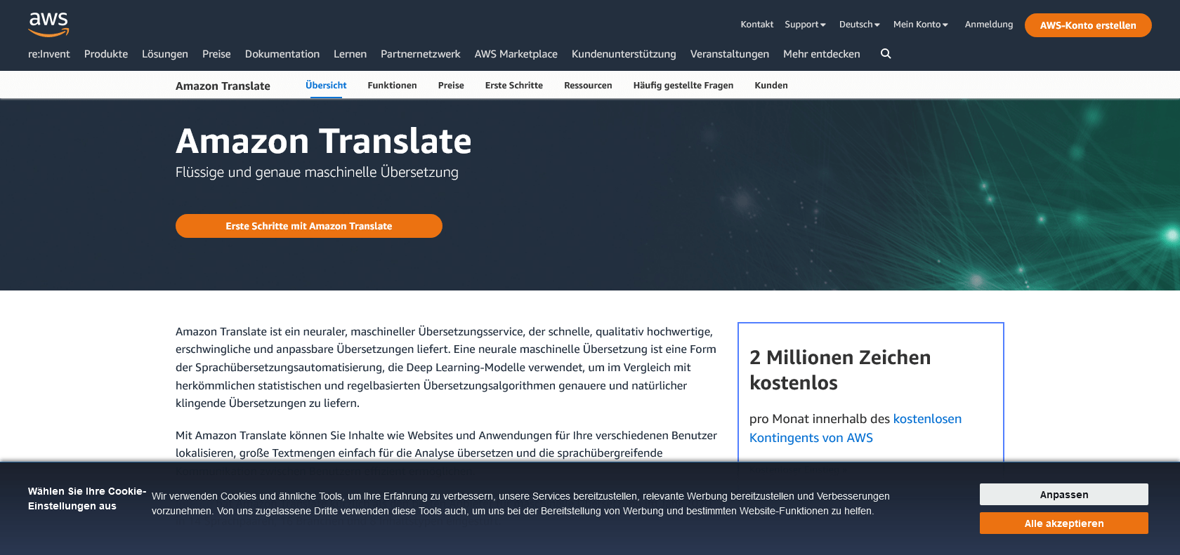 Screenshot of AWS Translate Website