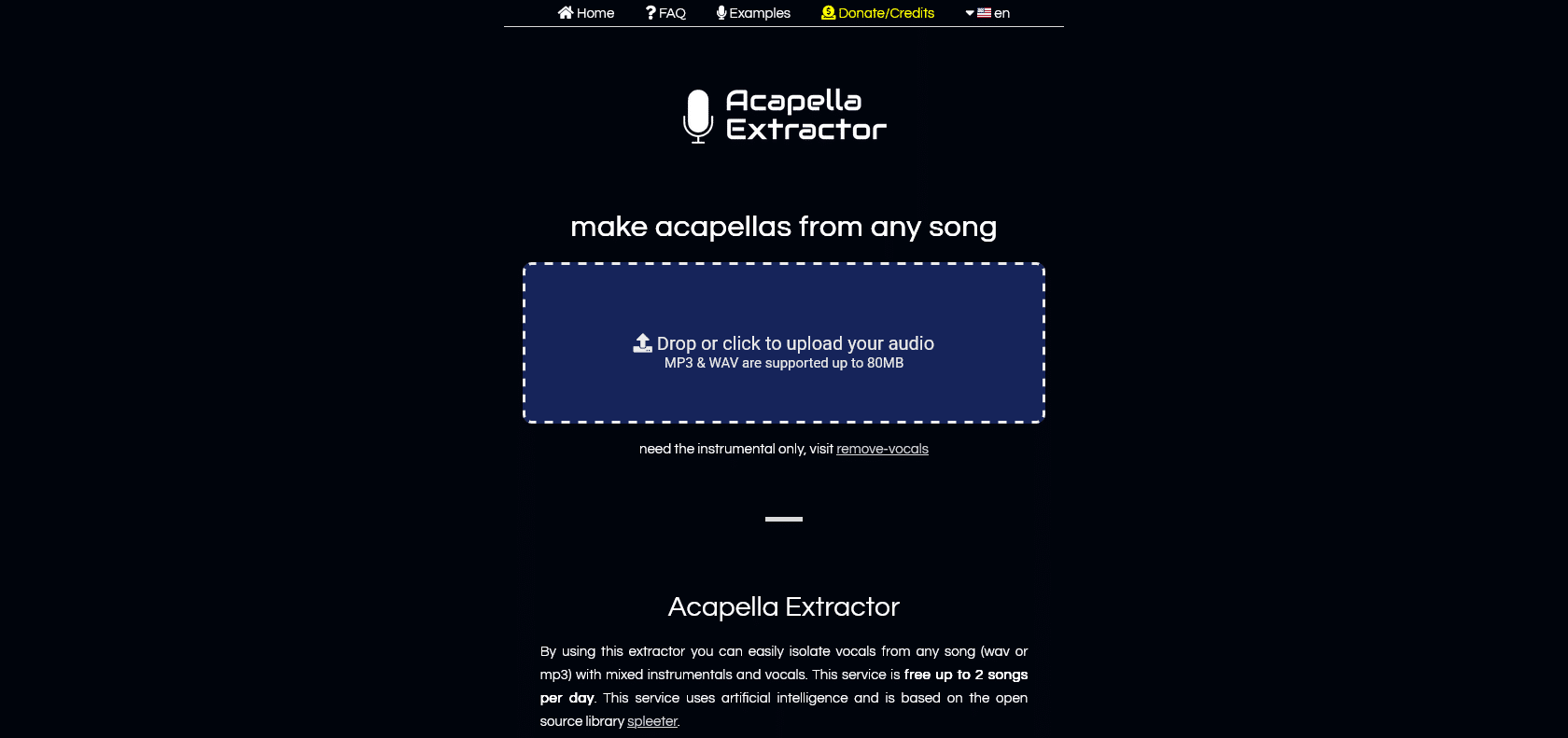 Screenshot of Acapella Extractor Website