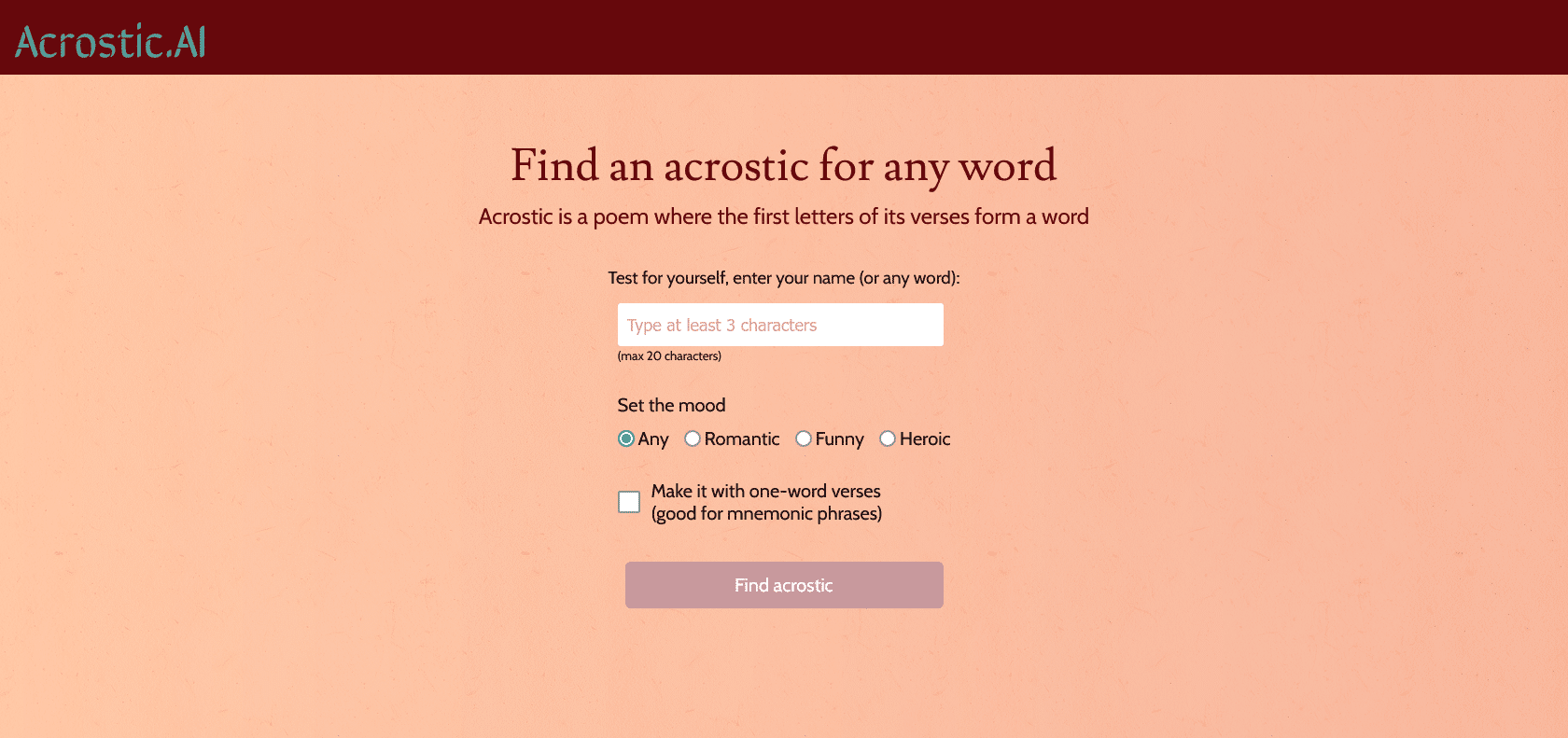 Screenshot of Acrostic AI Website