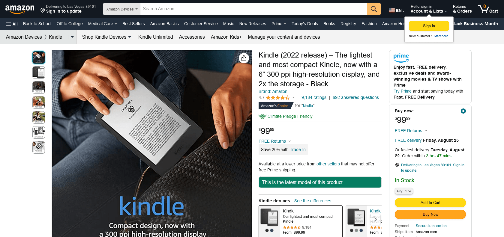 Screenshot of Amazon Kindle Website