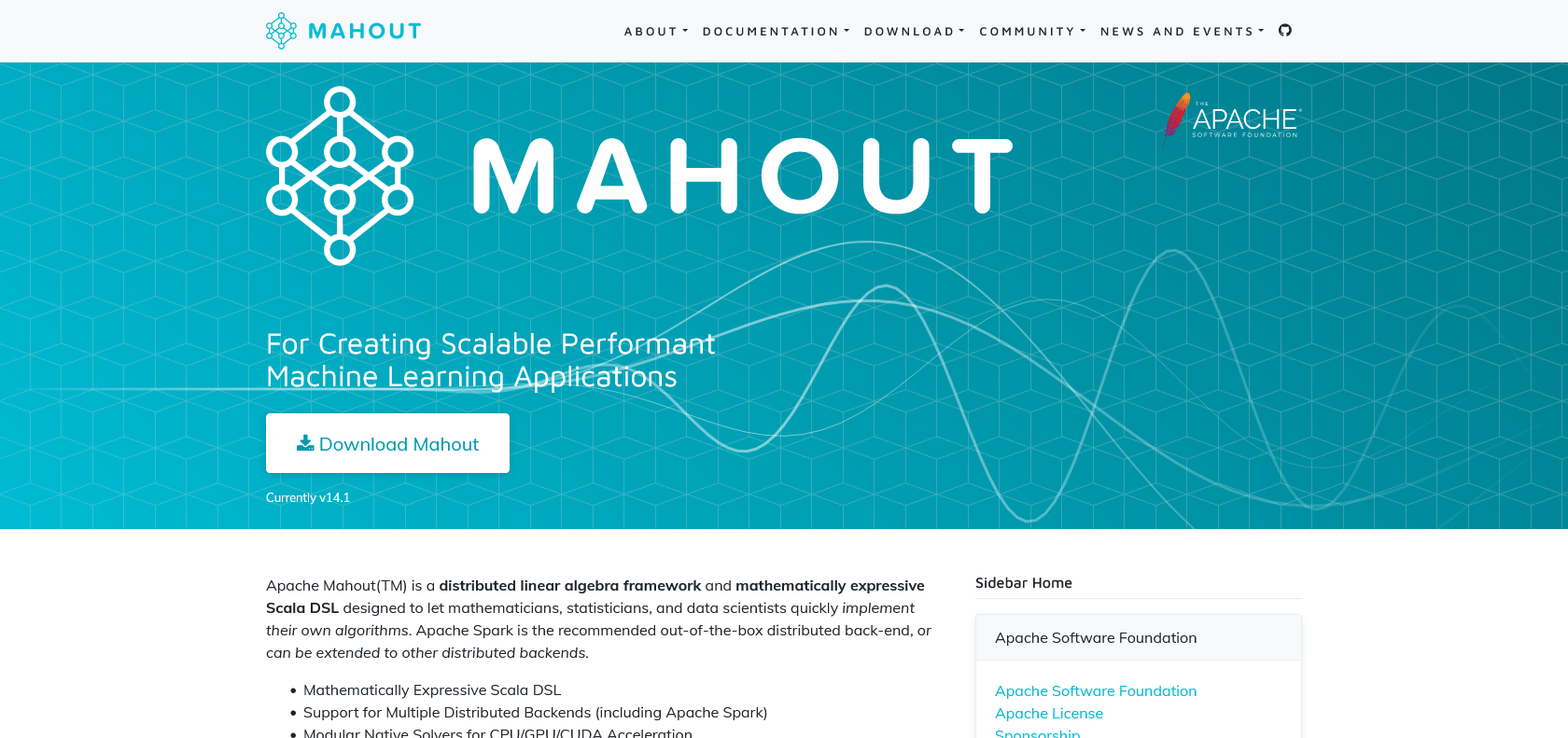 Screenshot of Apache Mahout Website