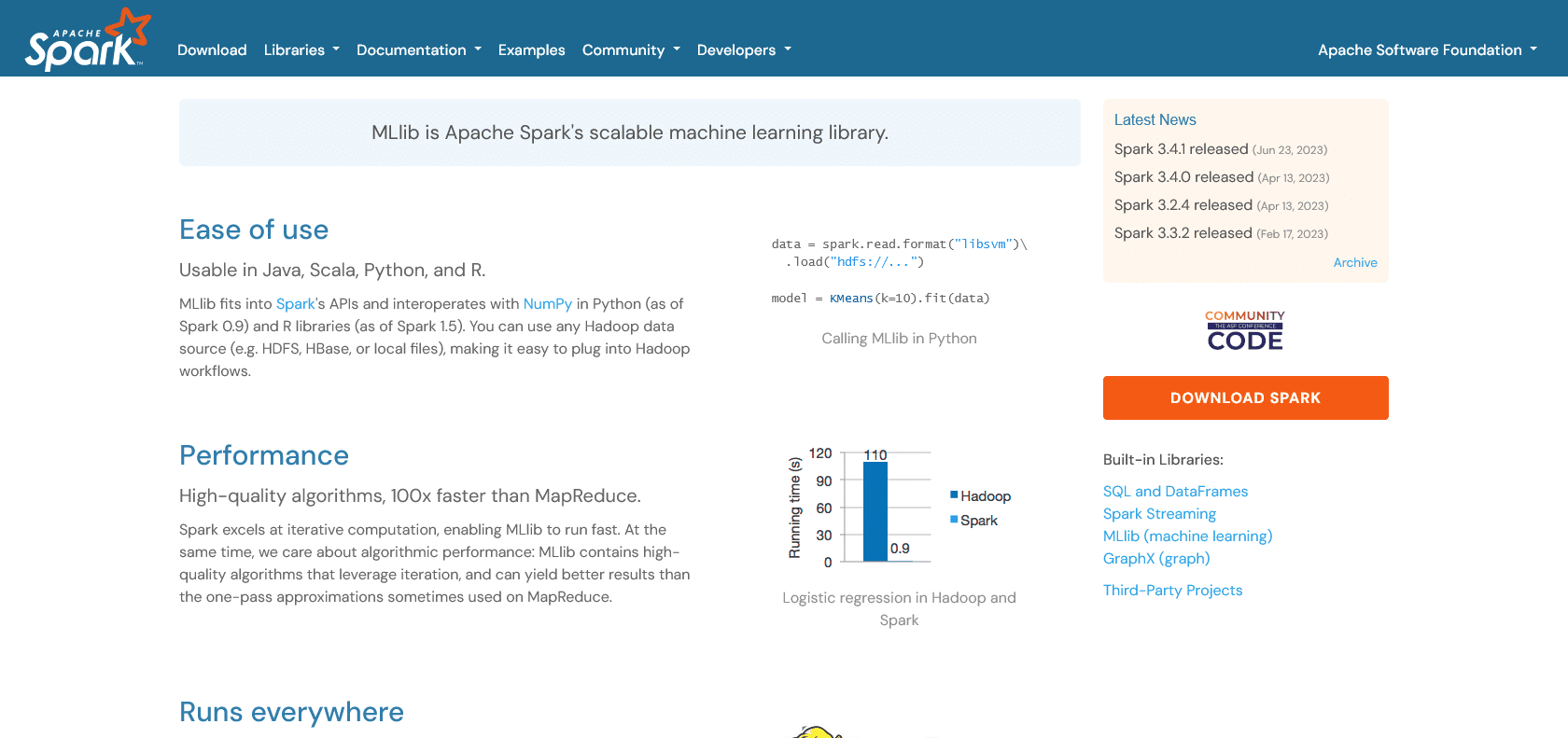 Screenshot of Apache Spark ML Website