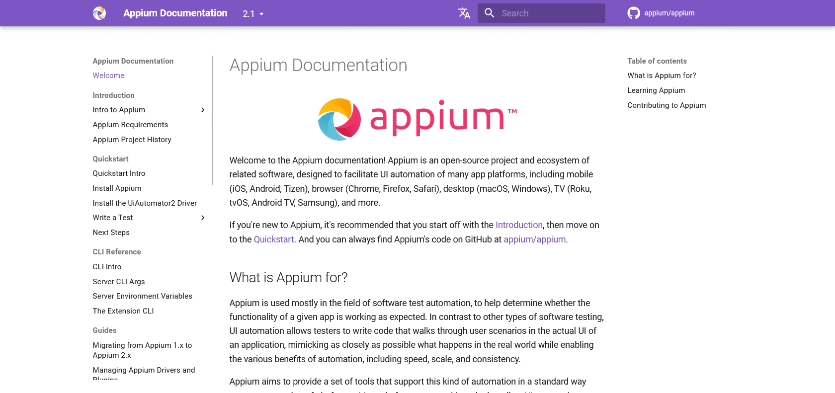 Screenshot of Appium Website