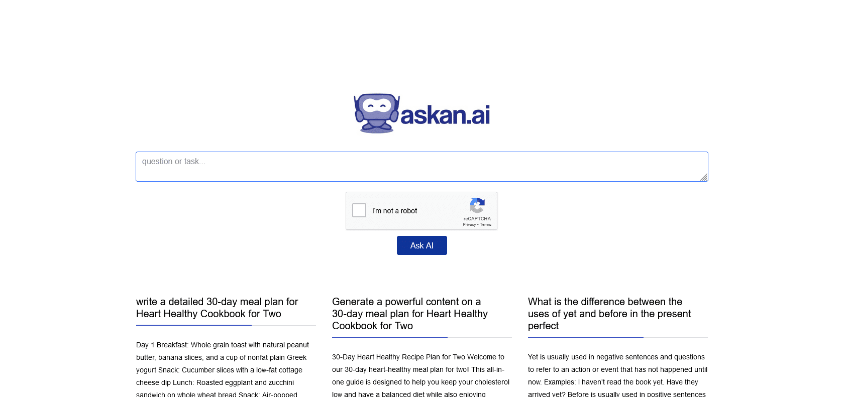 Screenshot of Ask an AI Website