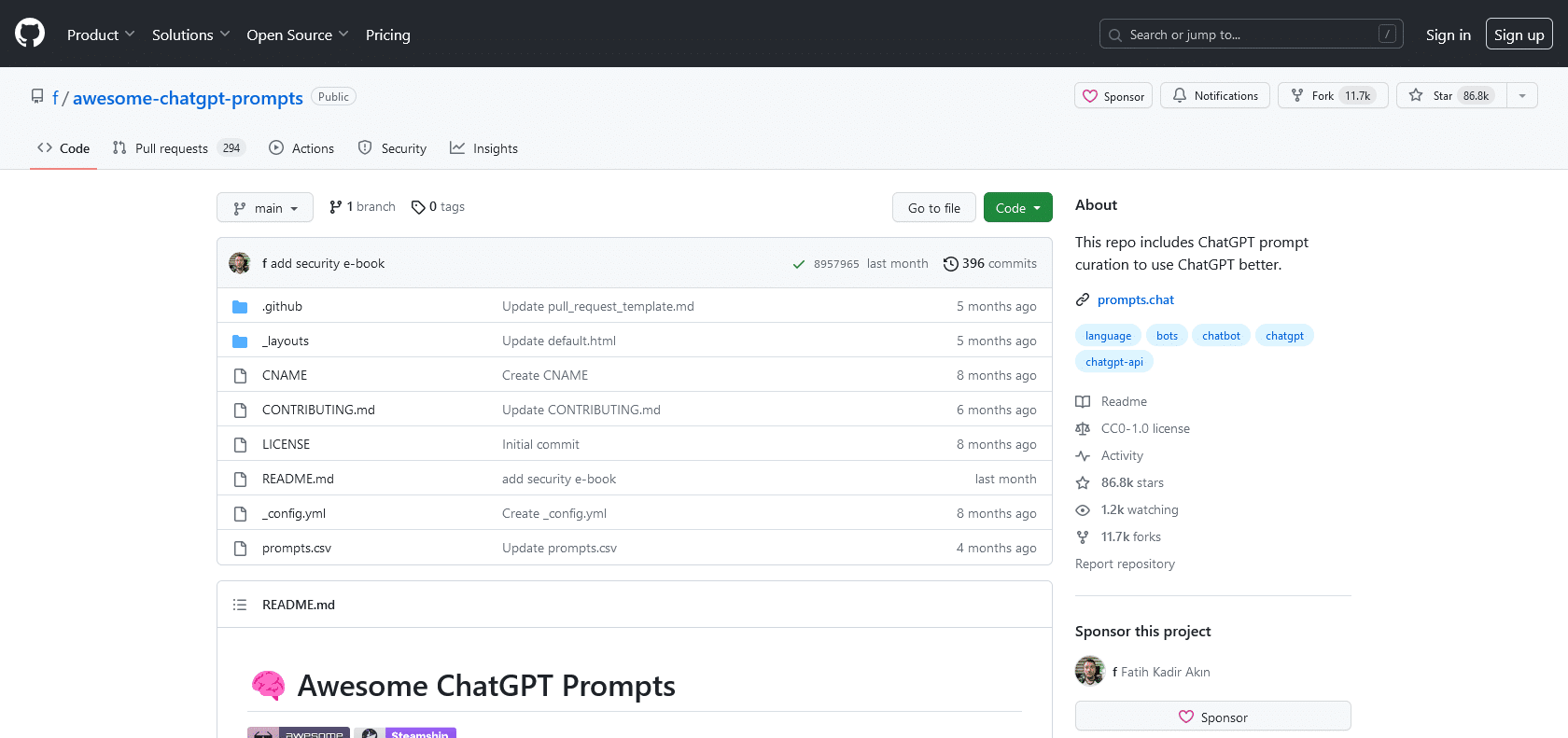Screenshot of Awesome ChatGPT prompts Website