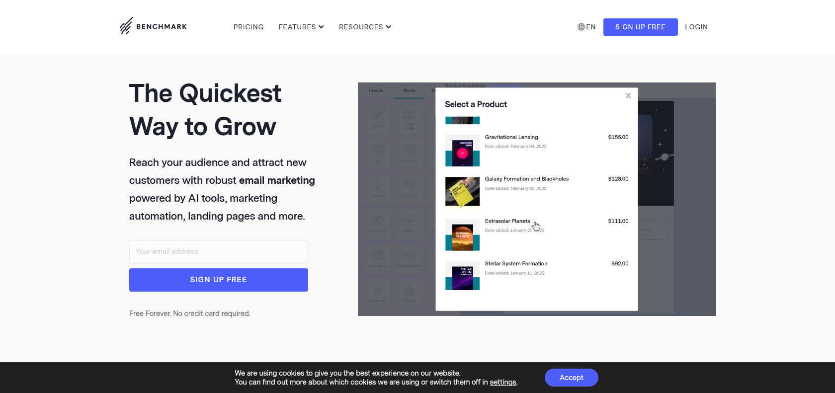 Screenshot of Benchmark Email Website