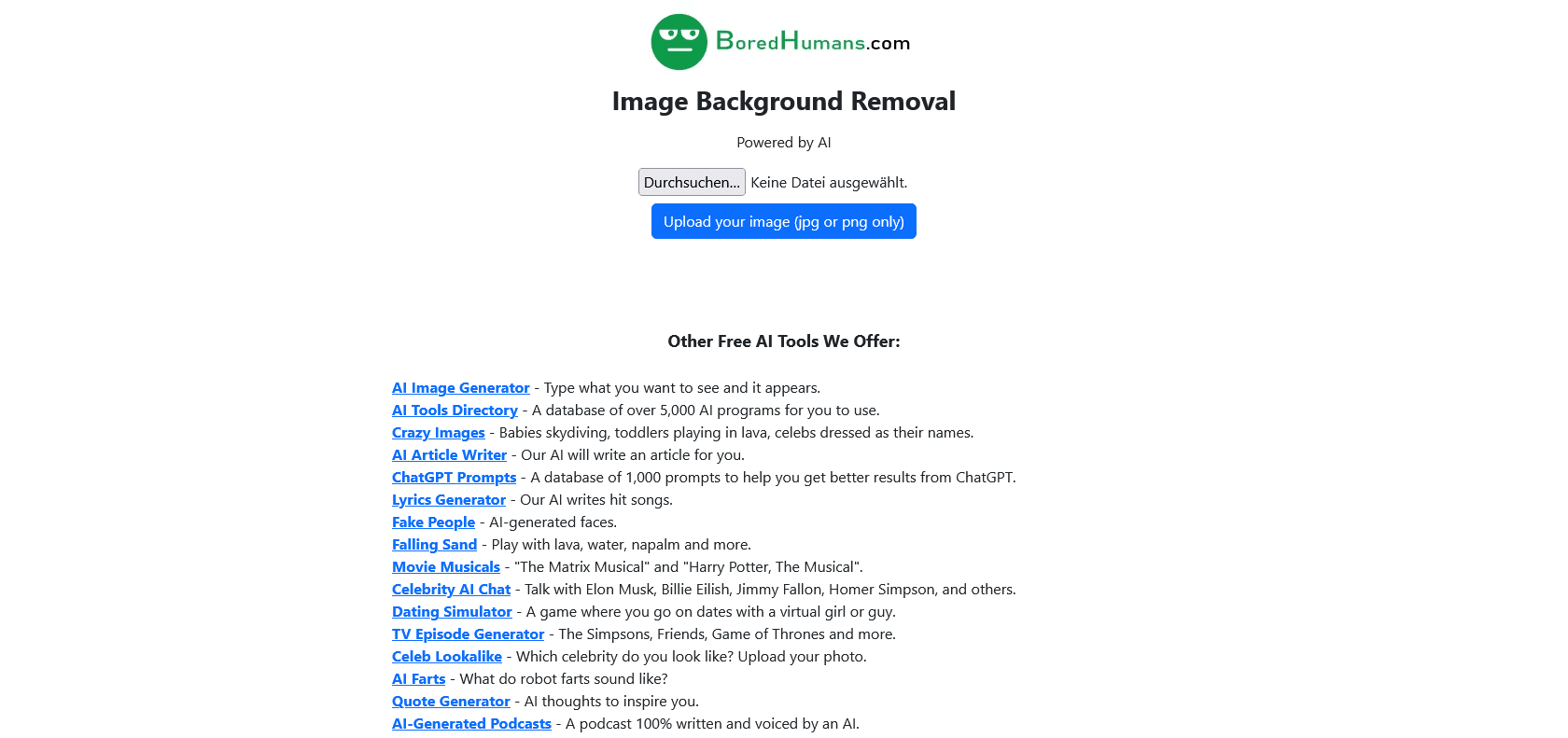 Screenshot of BoredHumans Image Background Removal Website