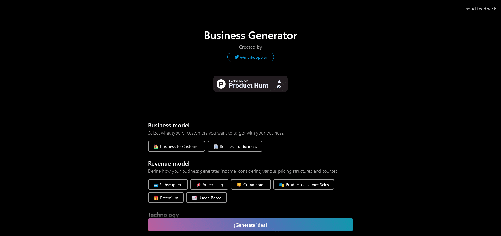 Screenshot of Business Idea Generator AI Website