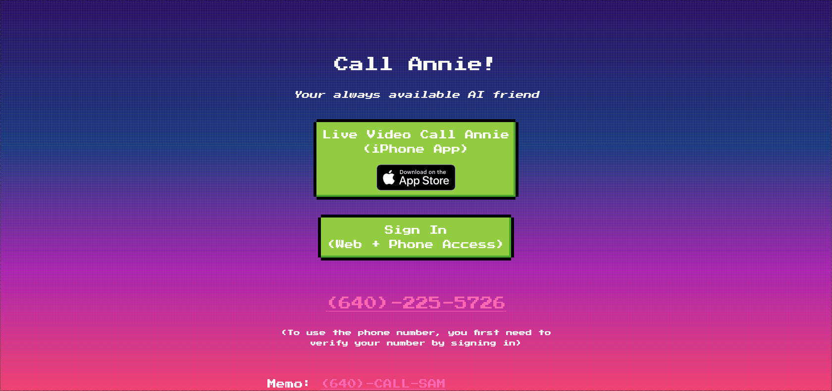 Screenshot of Call Annie Website