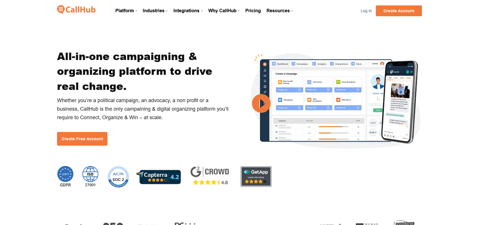 Screenshot of CallHub Website