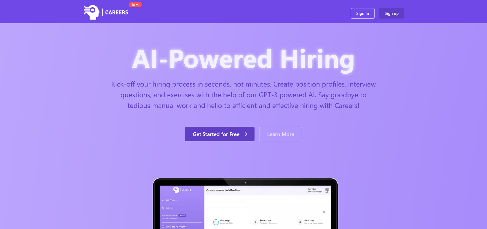 Screenshot of Careers AI Website