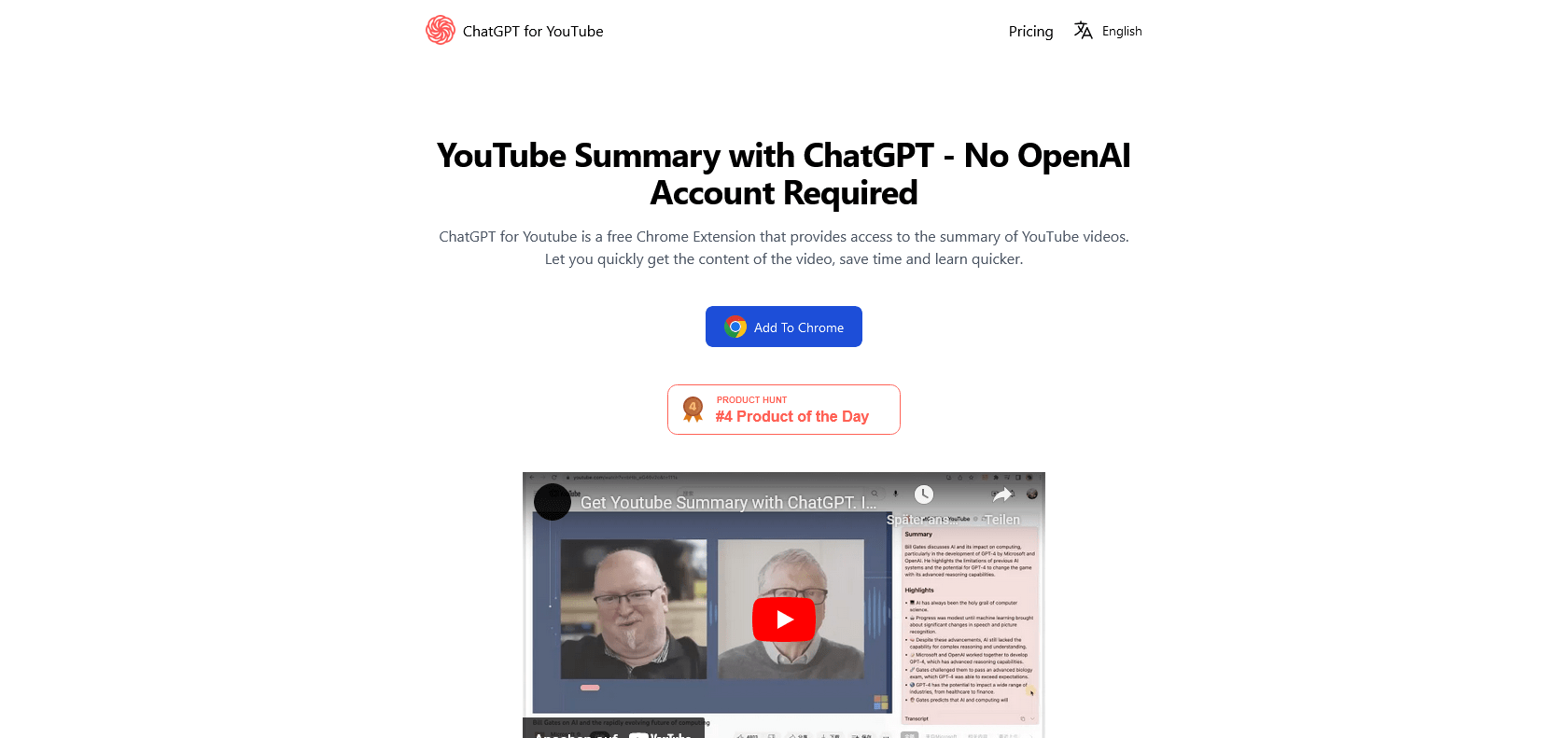 Screenshot of ChatGPT for YouTube Website