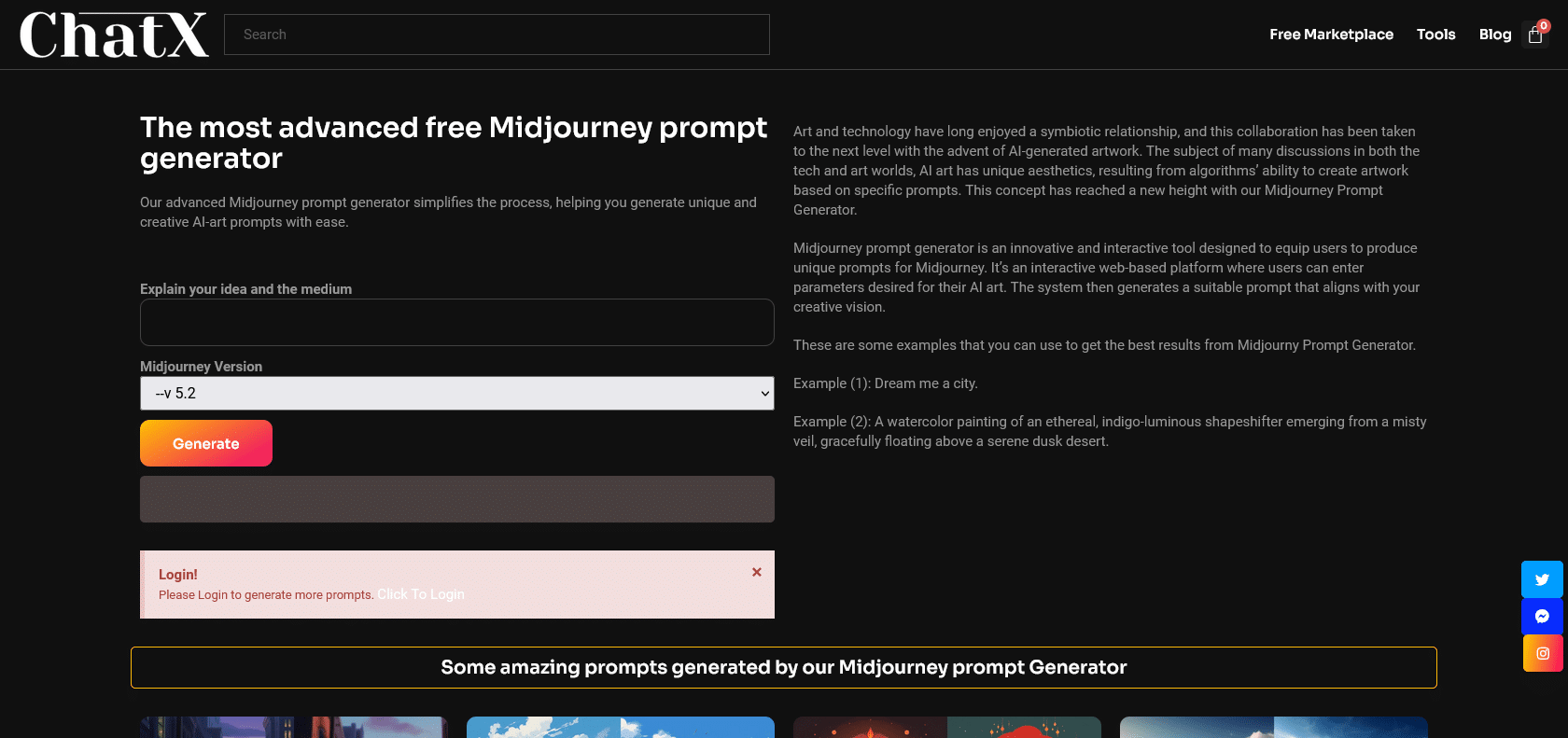 Screenshot of ChatX MidJourney Prompt Parameters Generator Website