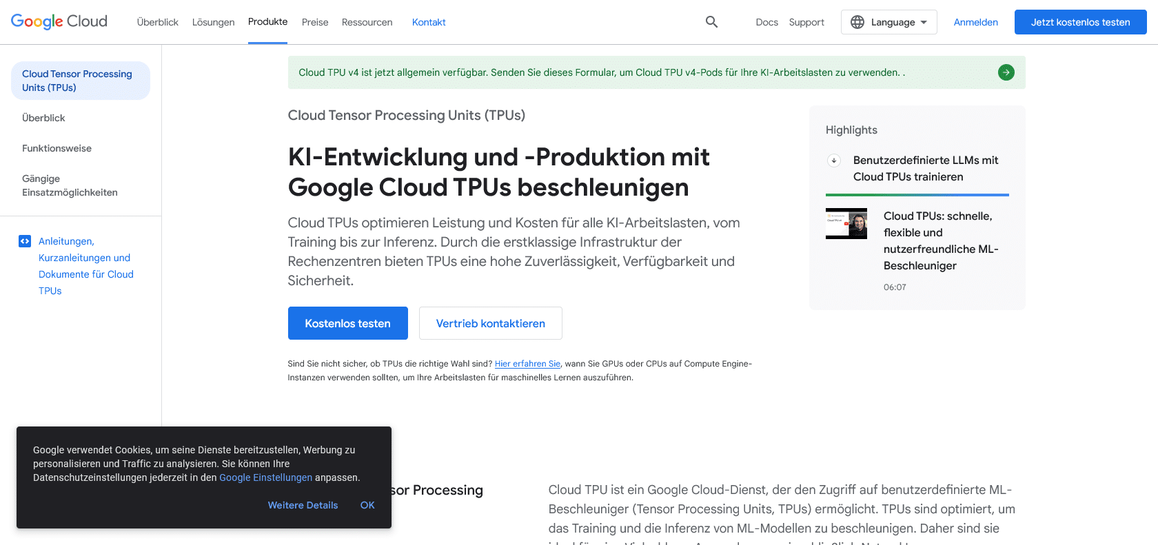 Screenshot of Cloud TPU Website