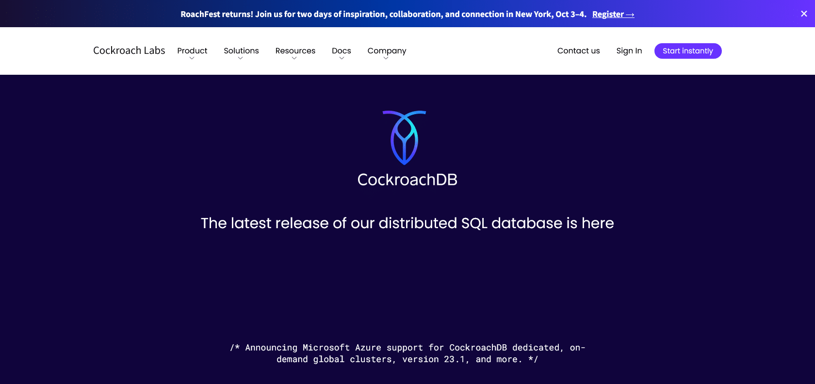 Screenshot of CockroachDB Website