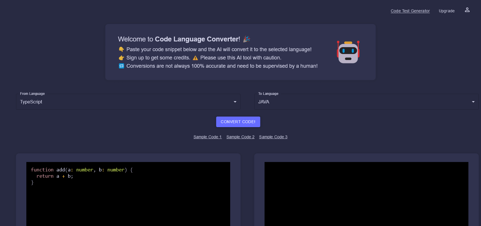 Screenshot of CodeConverter Website