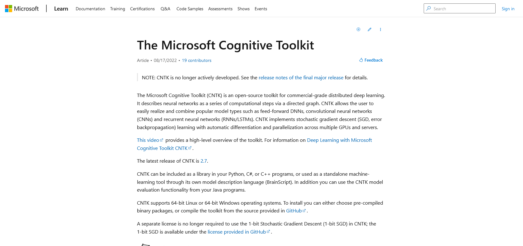 Screenshot of Cognitive Toolkit Website