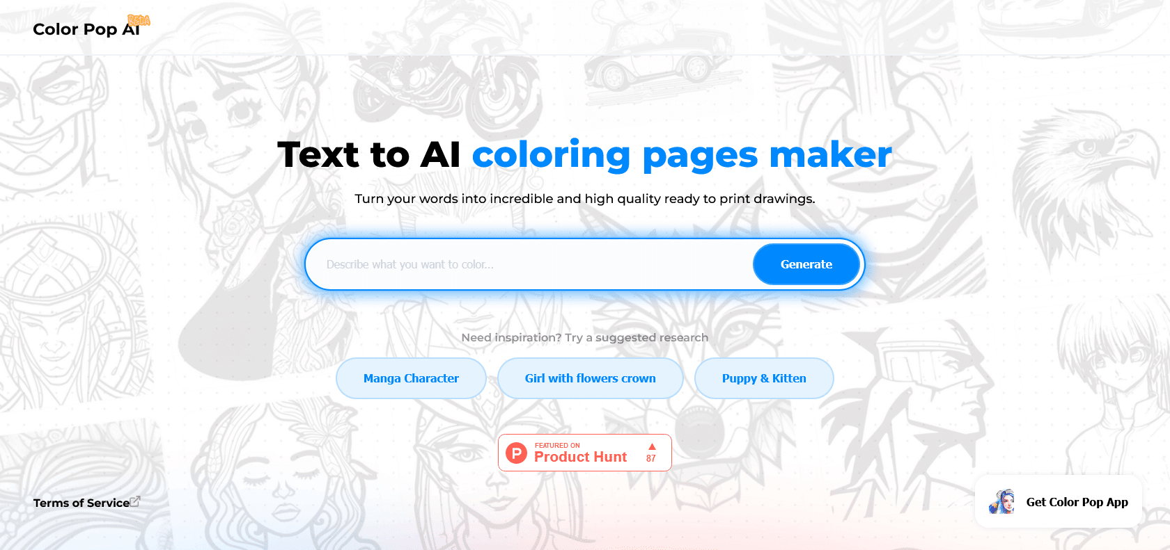 Screenshot of Color Pop AI Website