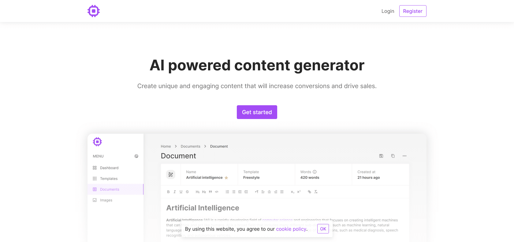 Screenshot of Content Generator Website