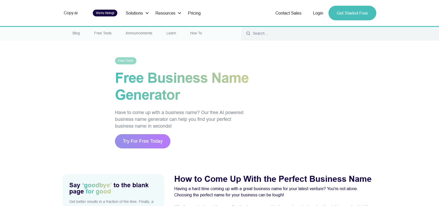 Screenshot of Copy AI Name Generator Website