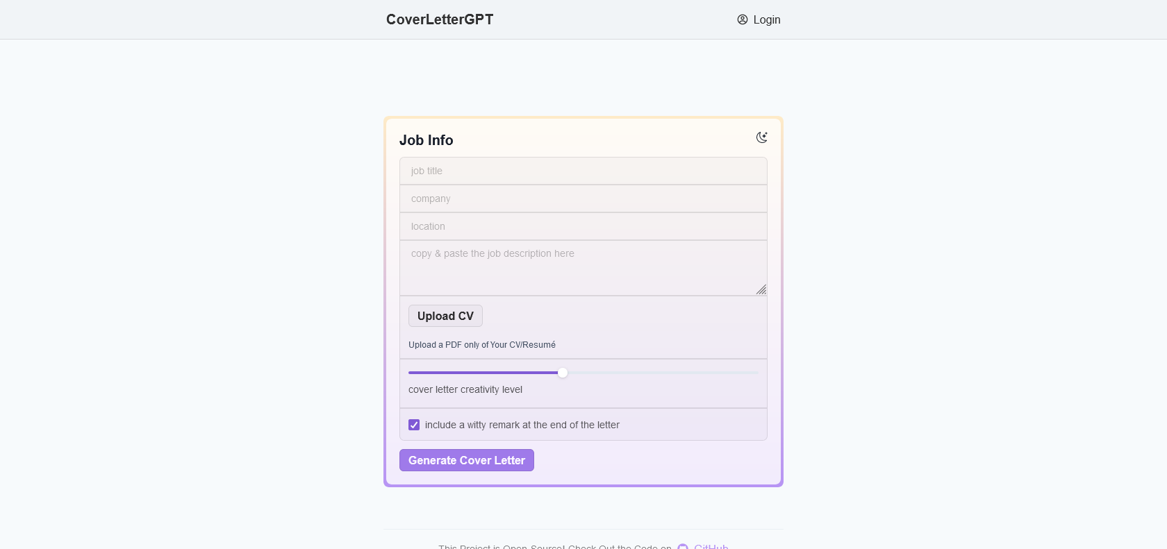 Screenshot of CoverLetterGPT Website