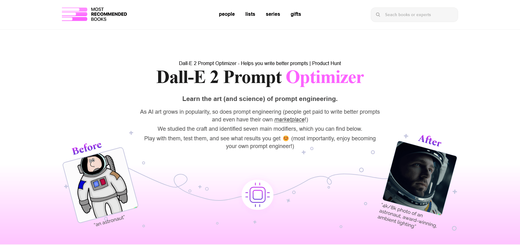 Screenshot of Dall-E 2 Prompt Optimizer Website