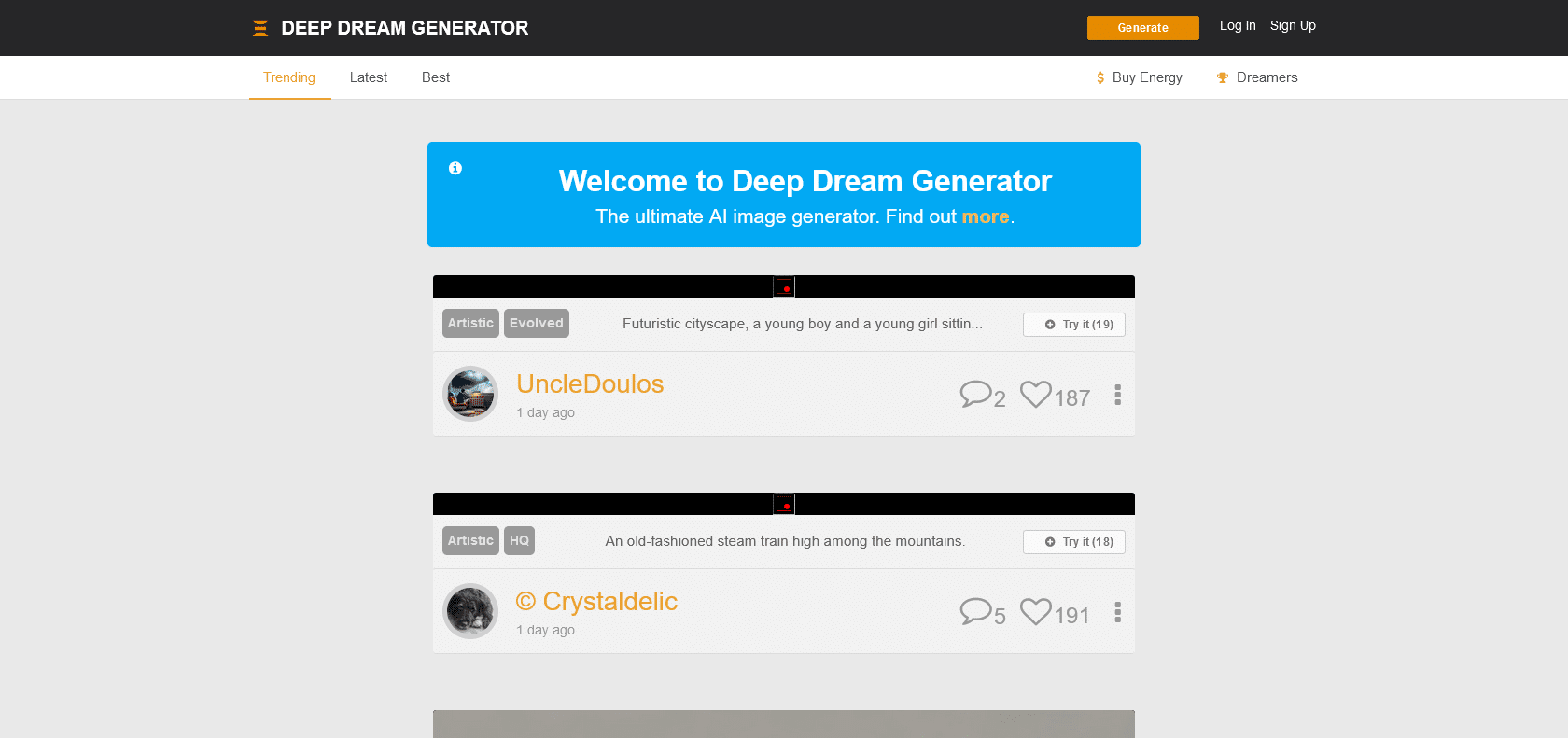 Screenshot of Deepdreamgenerator Website