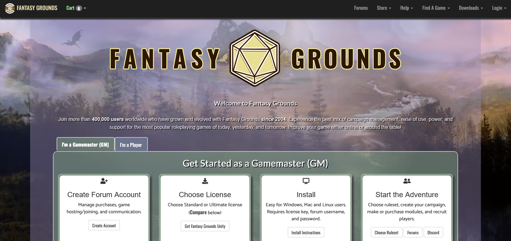 Screenshot of Fantasy Grounds Website