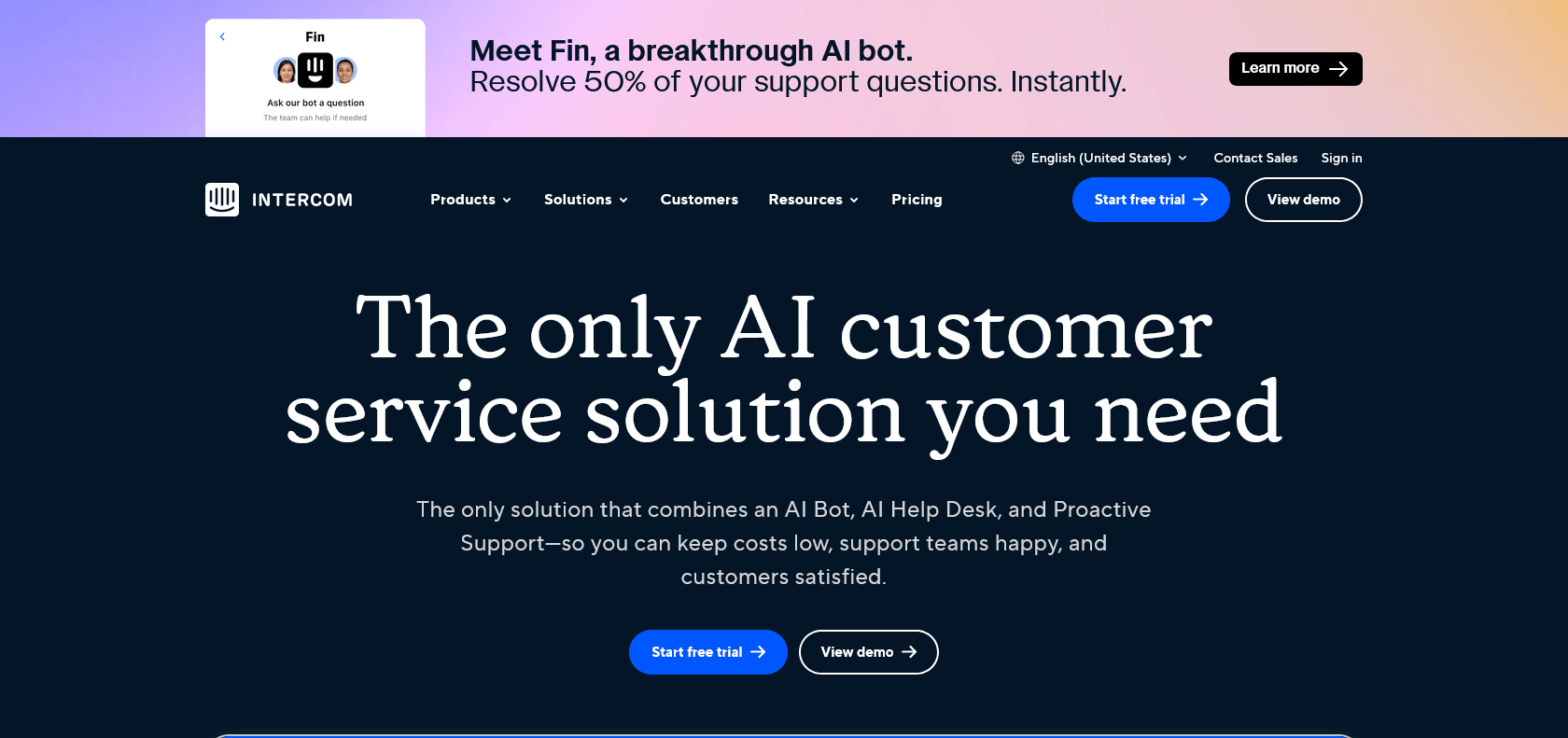 Screenshot of Fin AI bot Website