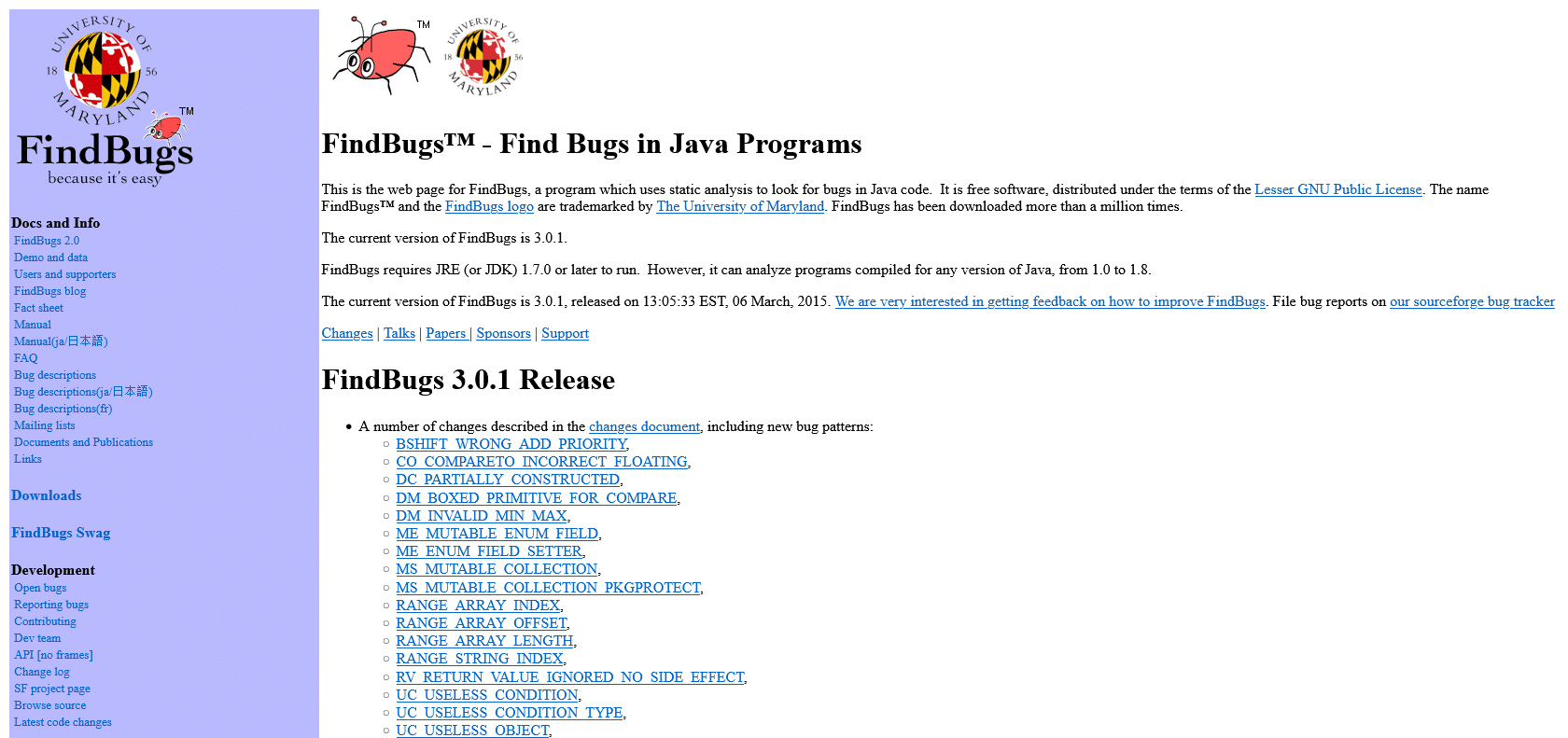 Screenshot of FindBugs Website