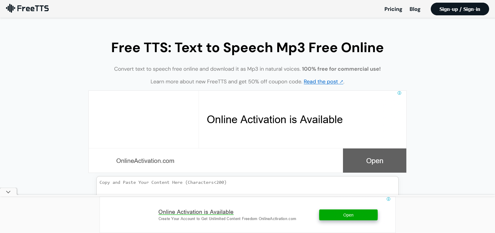 Screenshot of Free TTS Website