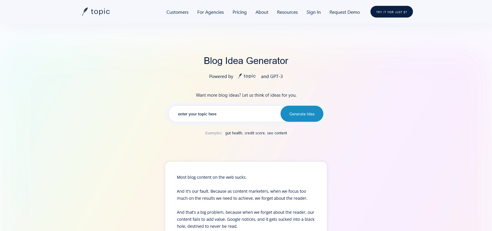 Screenshot of GPT-3 Blog Idea Generator Website