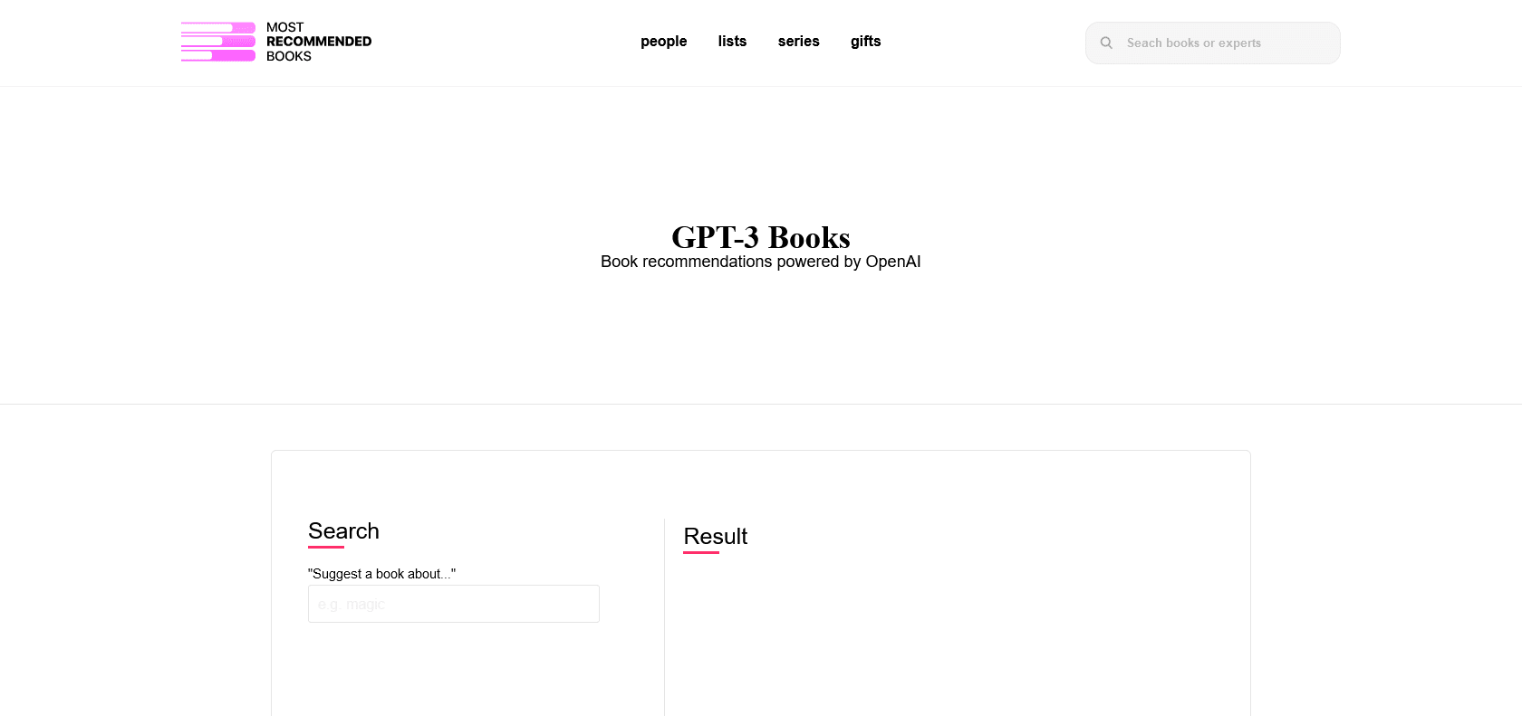 Screenshot of GPT-3 Books Website
