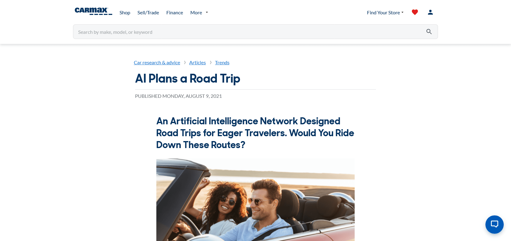 Screenshot of GPT-3 Road Trip Plans for 2021 by CarMax Website
