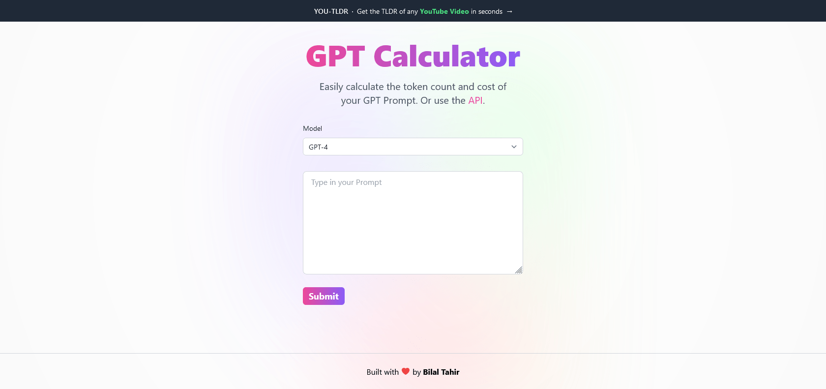 Screenshot of GPT Calculator Website