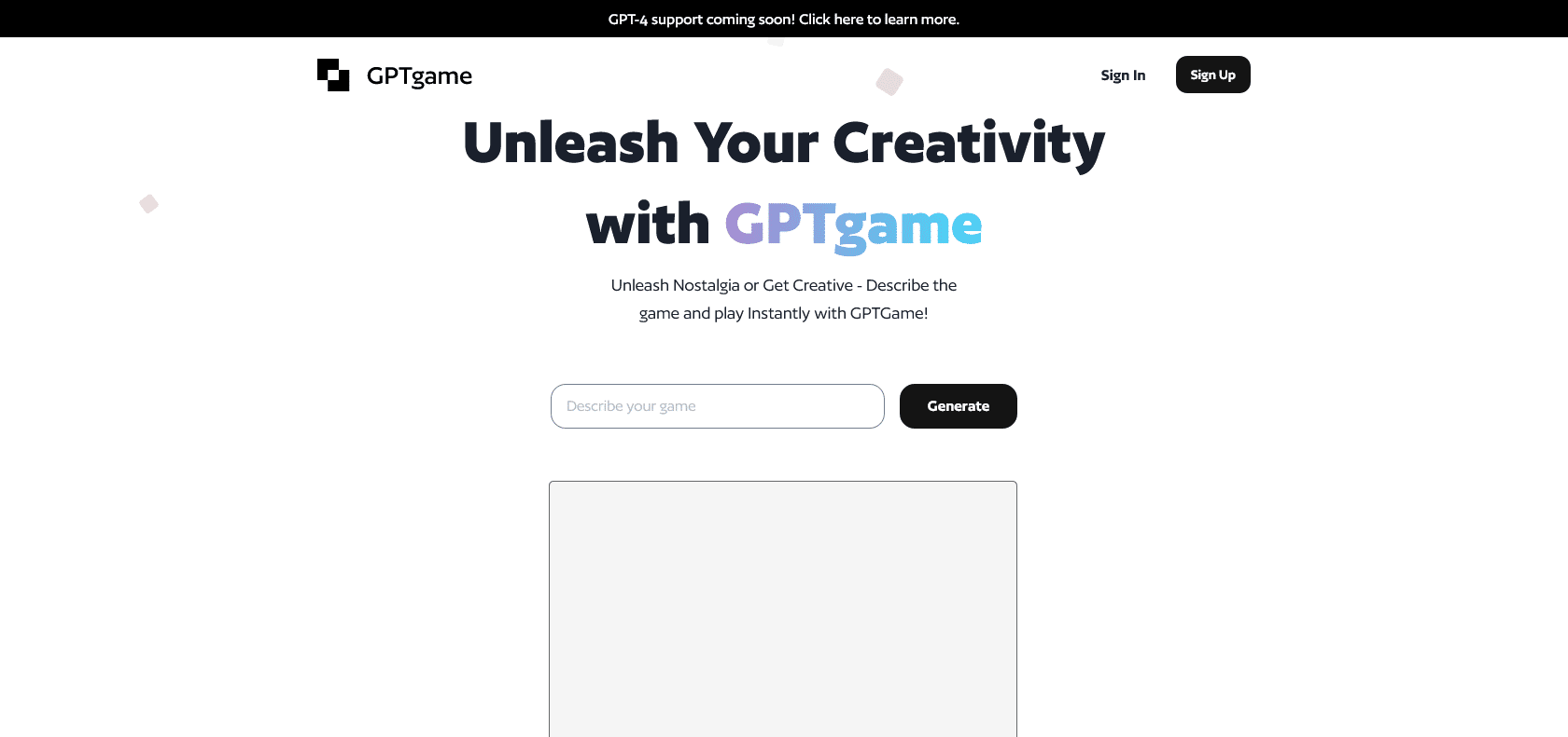 Screenshot of GPTGame Website