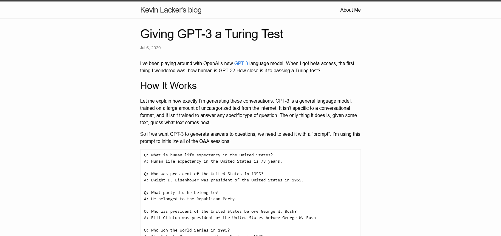 Screenshot of Giving GPT-3 a Turing Test Website