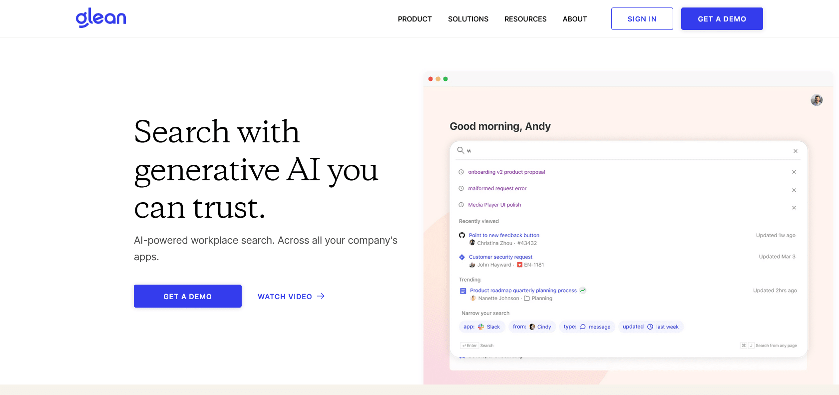 Screenshot of Glean Website