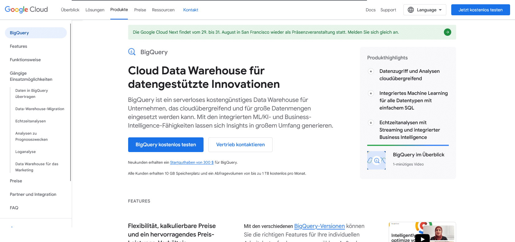 Screenshot of Google BigQuery Website