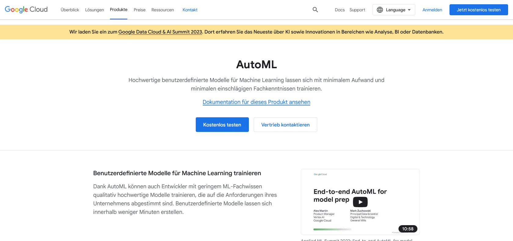 Screenshot of Google Cloud Auto ML Website
