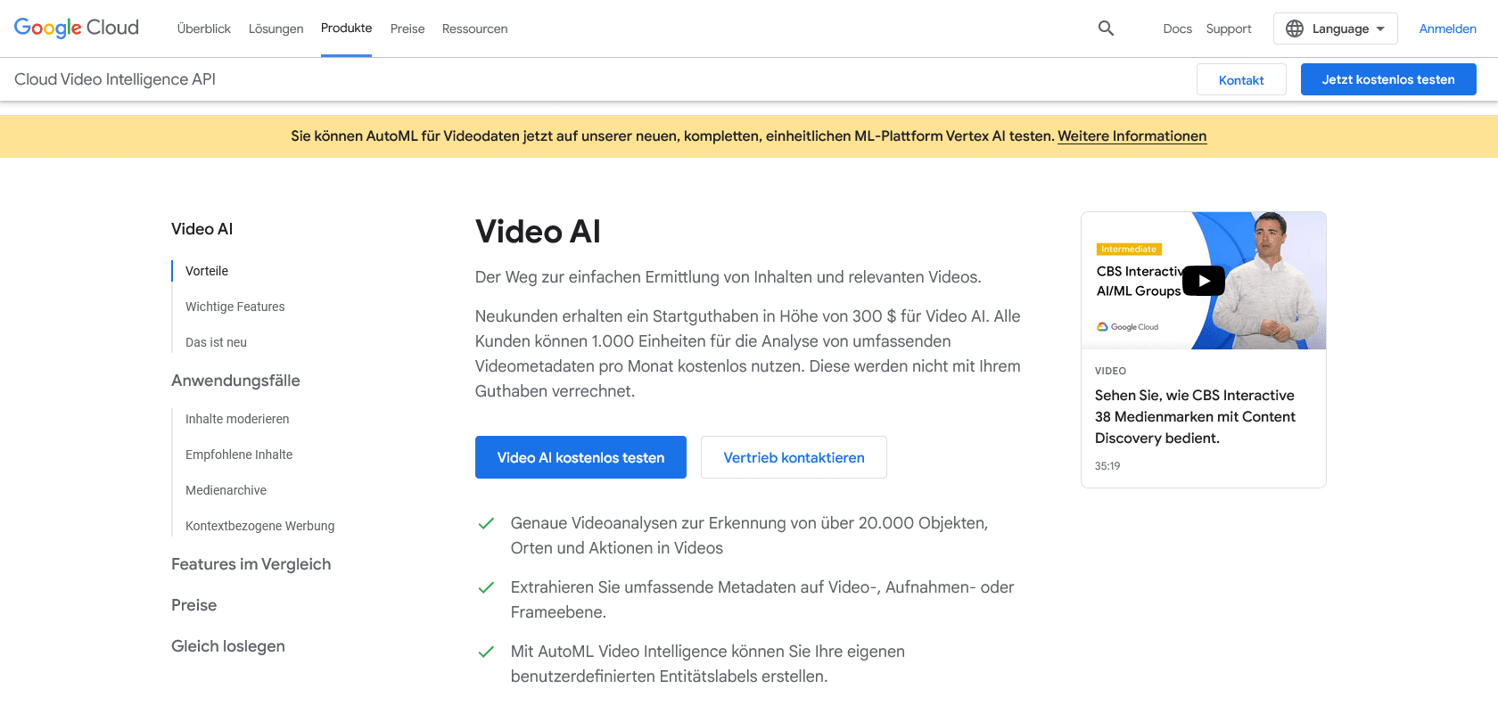Screenshot of Google Cloud Video Intelligence API Website