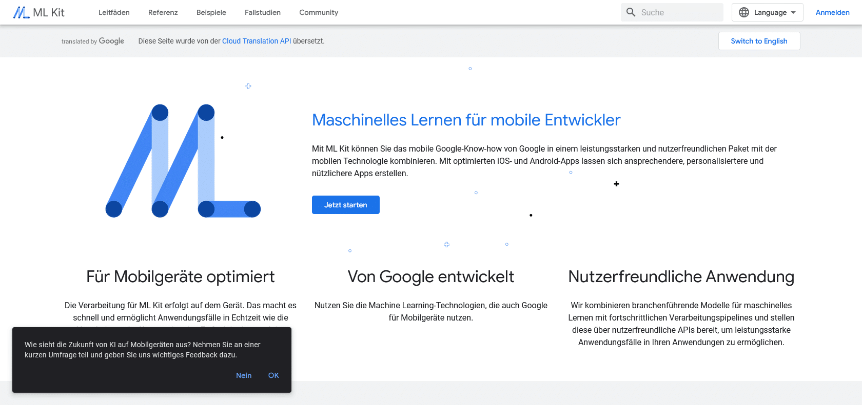 Screenshot of Google ML Kit Website