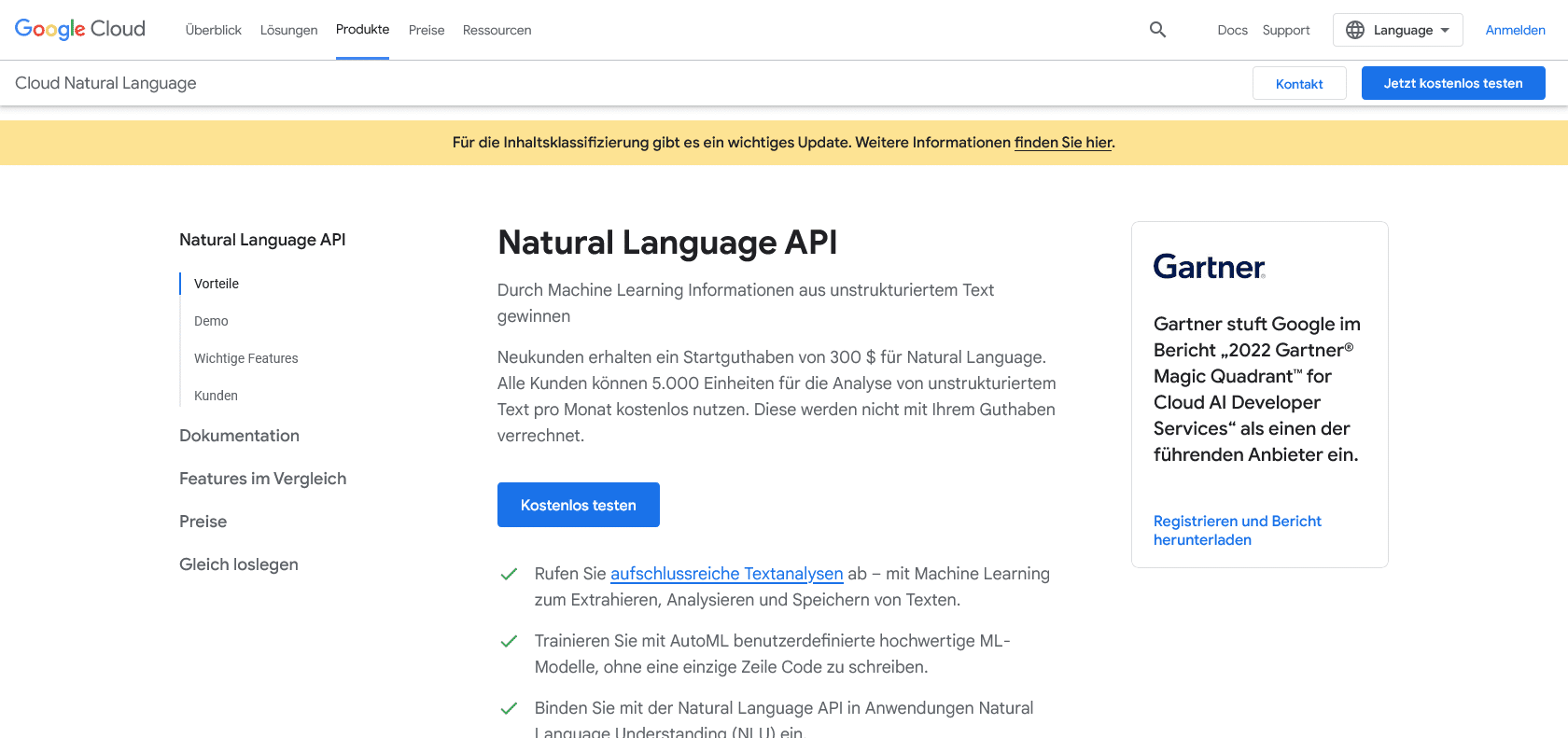 Screenshot of Google Natural Language API Website