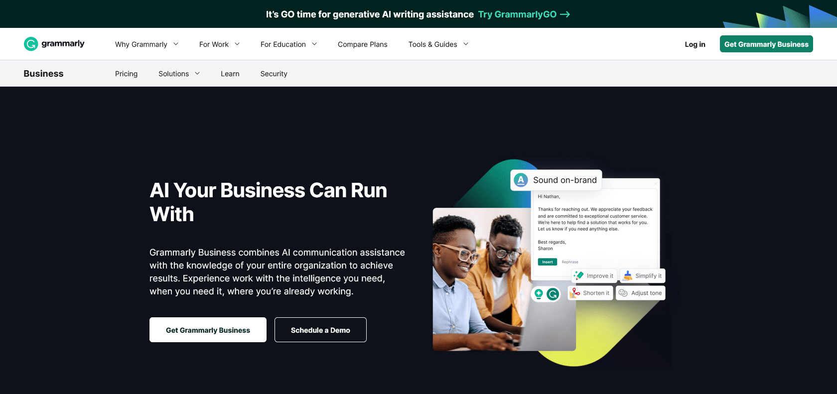 Screenshot of Grammarly Business Website