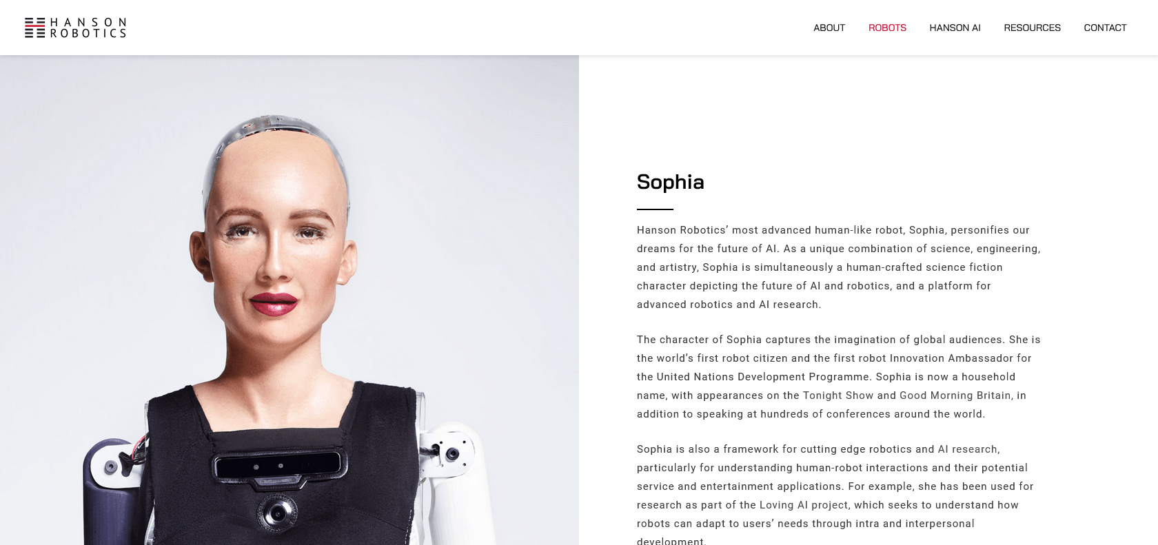 Screenshot of Hanson Robotics Sophia Website